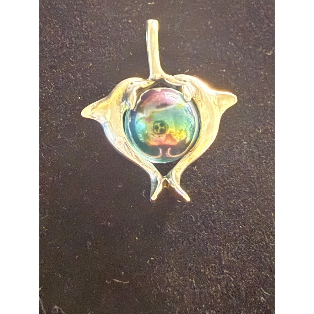 Vintage 90s Sterling Silver Dolphin Pendant Iridescent Cabochon Ocean Jewelry - Picture 2 of 6